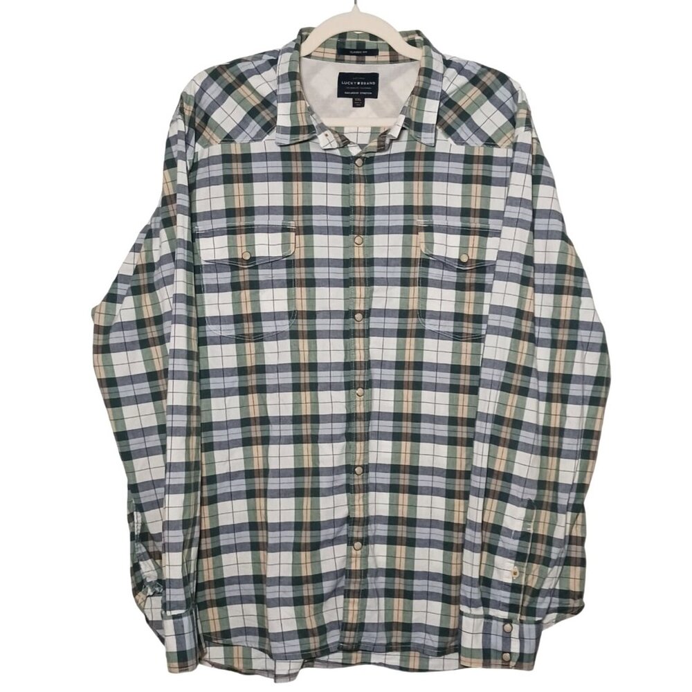 Lucky Brand Mens Western Long Sleeve Snap-Up‎ Plaid Shirt XXL White Multi Cotton